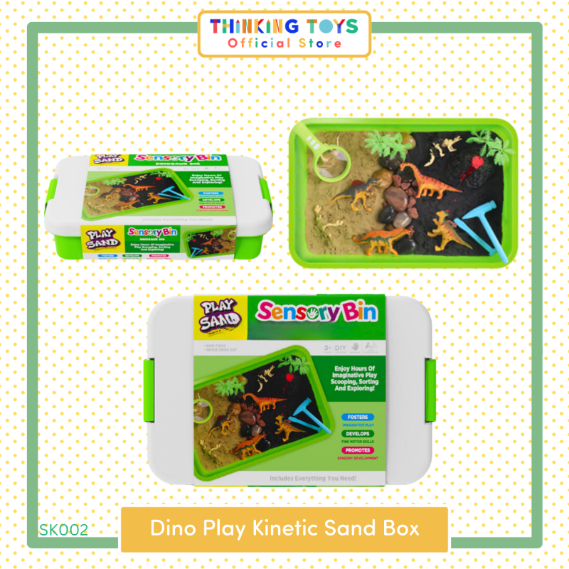 "SK002, Kinetic Play Sand
Dinosaur sensory box, Adapts for learning, play, and art while saving space and supporting independence."