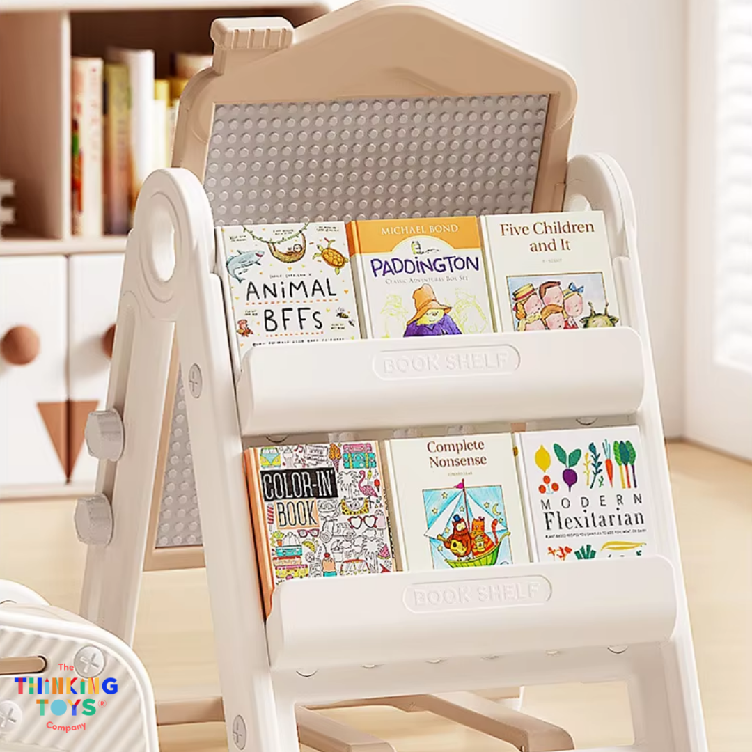 DB002, DRAWING BOARD WITH BOOKSHELFSNI, Combines art and organization, giving kids easy access to tools and storage.