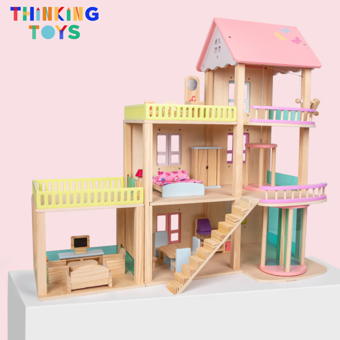 DH001, LULU CLASSIC 3-Storey Pink Dollhouse Villa , Promotes creativity and role play while giving children space to build imaginative stories.