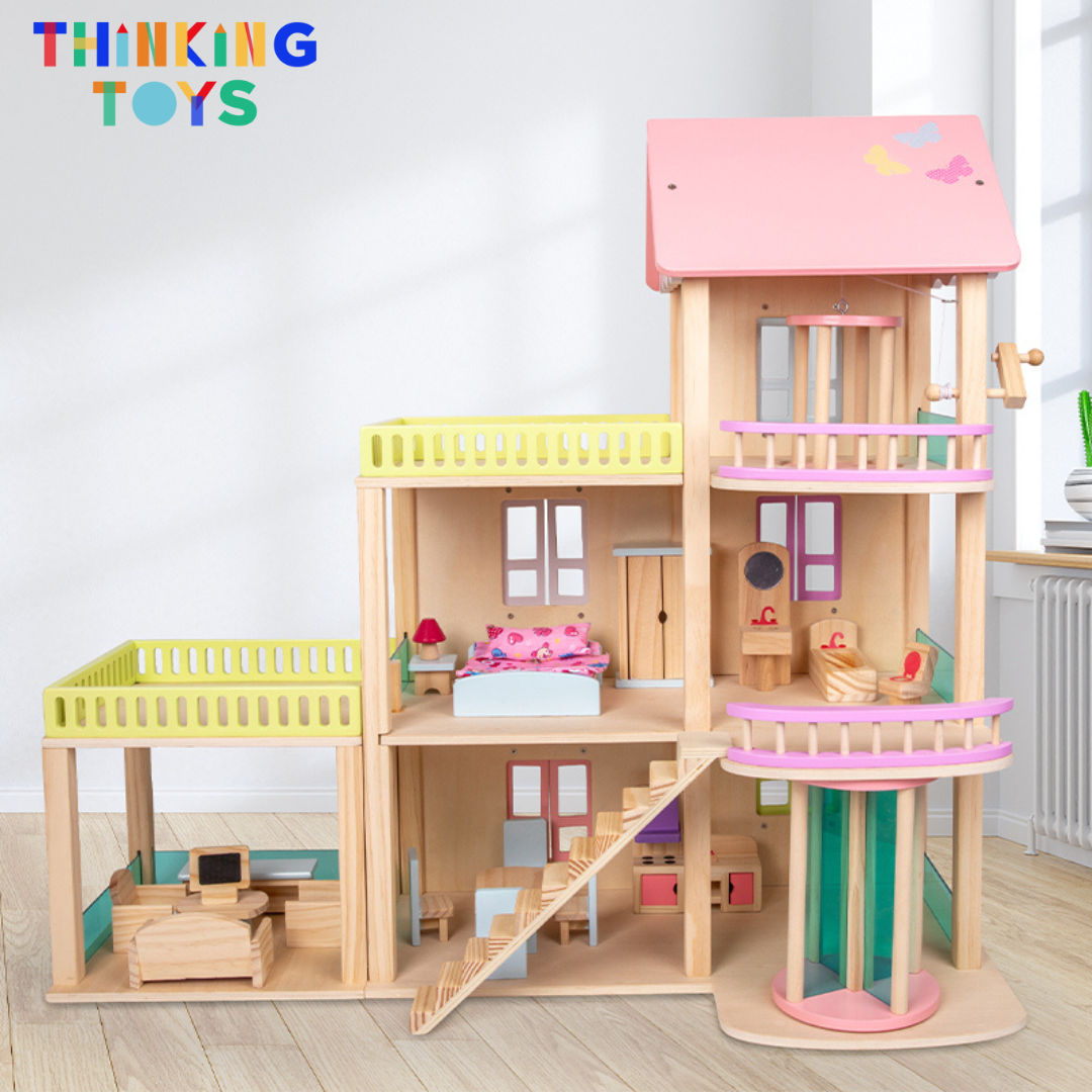 DH001, LULU CLASSIC 3-Storey Pink Dollhouse Villa , Promotes creativity and role play while giving children space to build imaginative stories.