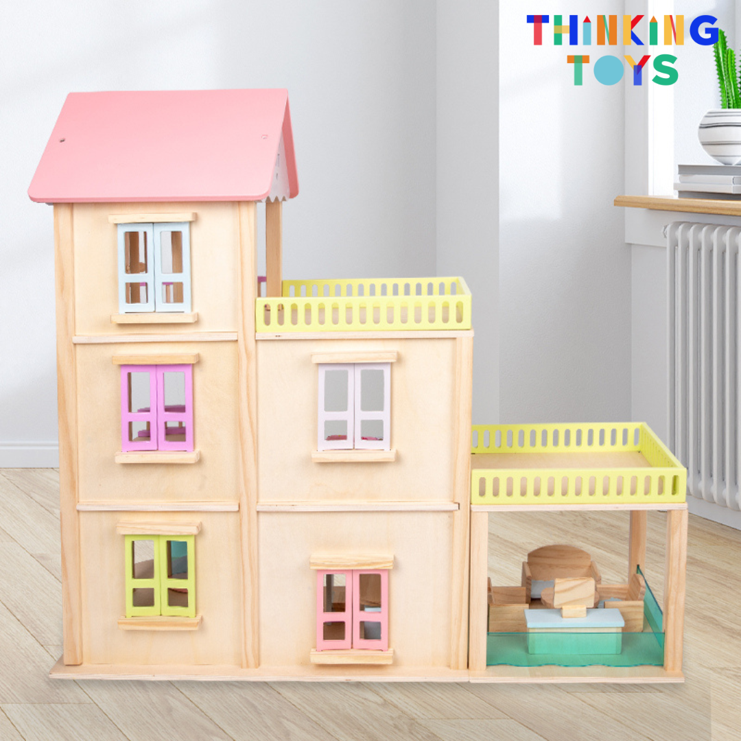 DH001, LULU CLASSIC 3-Storey Pink Dollhouse Villa , Promotes creativity and role play while giving children space to build imaginative stories.
