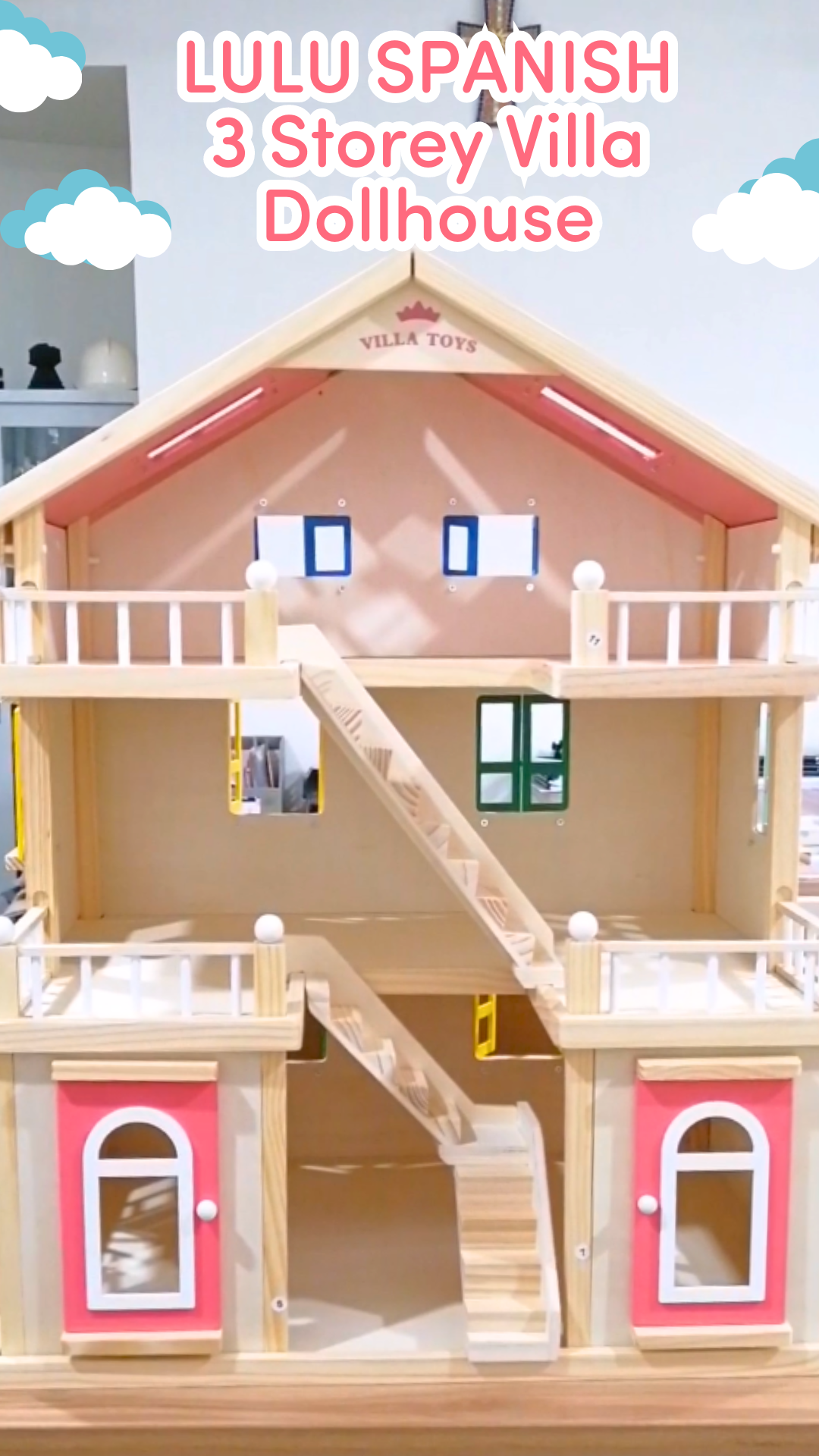 DH003, LULU SPANISH 3-Storey Villa Dollhouse , Supports inclusive role play, teamwork, and creativity in a versatile multi-level playhouse.