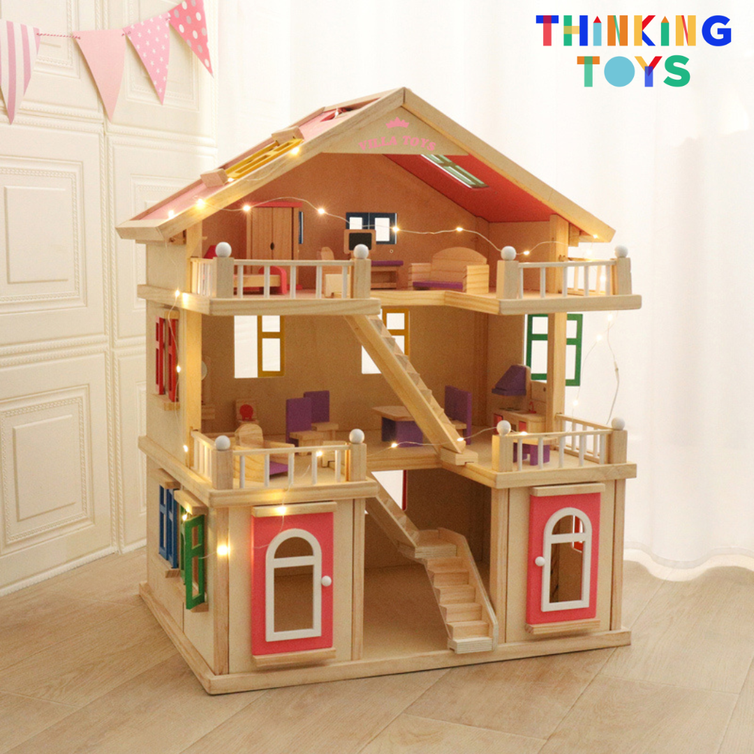 DH003, LULU SPANISH 3-Storey Villa Dollhouse , Supports inclusive role play, teamwork, and creativity in a versatile multi-level playhouse.