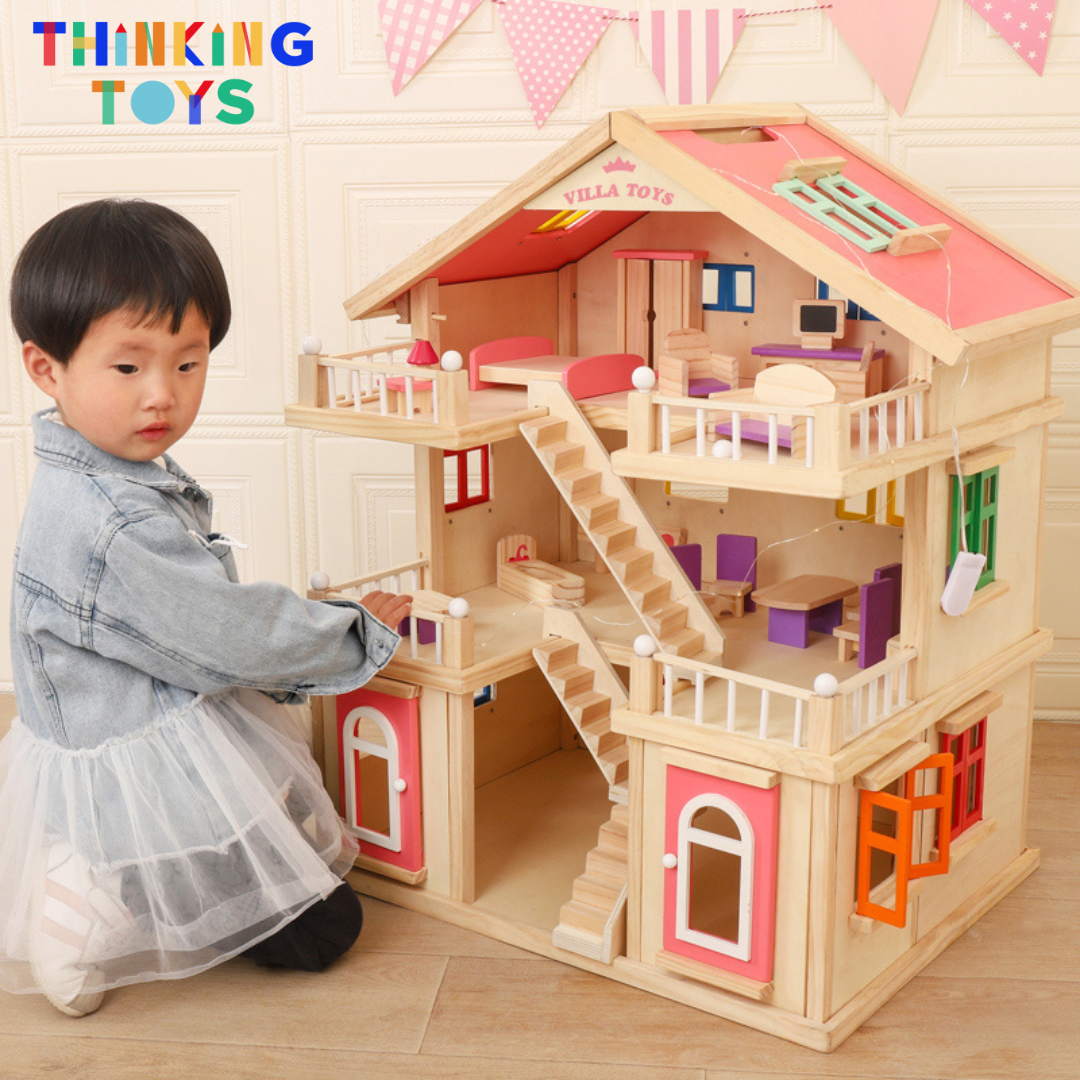 DH003, LULU SPANISH 3-Storey Villa Dollhouse , Supports inclusive role play, teamwork, and creativity in a versatile multi-level playhouse.