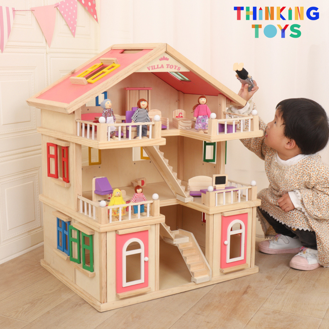 DH003, LULU SPANISH 3-Storey Villa Dollhouse , Supports inclusive role play, teamwork, and creativity in a versatile multi-level playhouse.