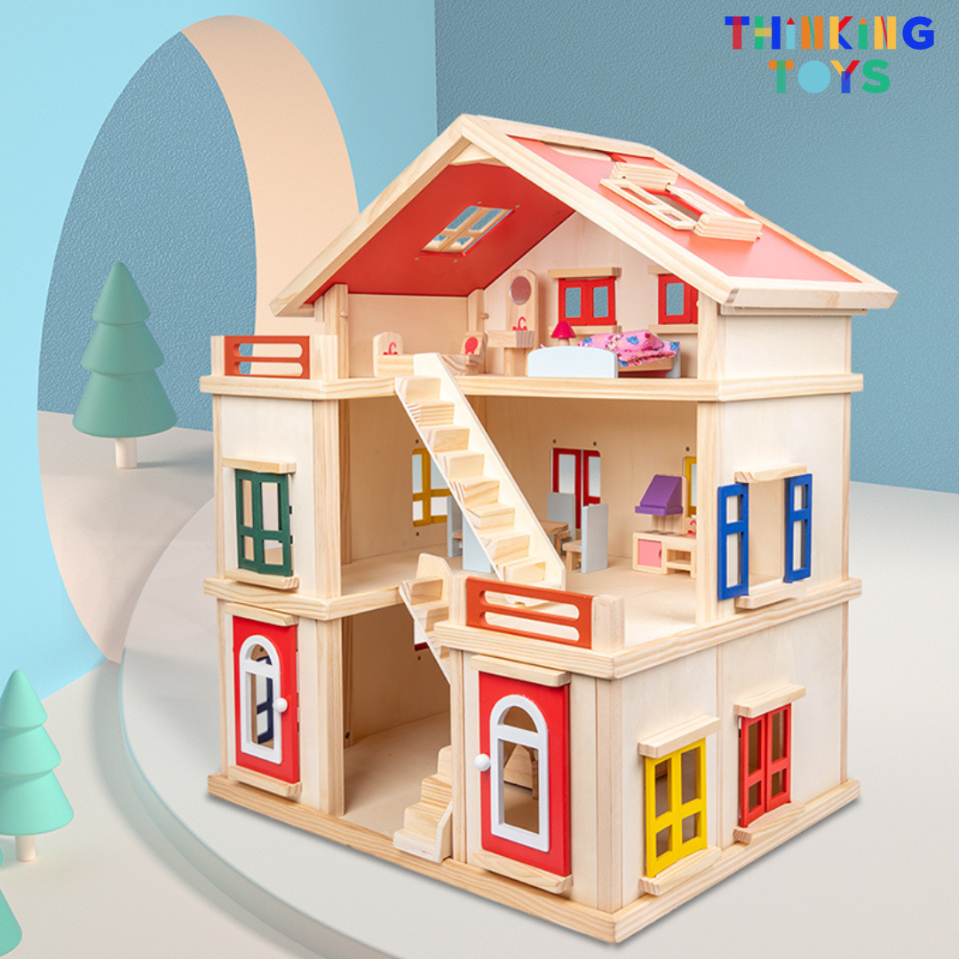DH004, LULU DELUXE Gender Neutral 3-Storey Villa Dollhouse , Encourages storytelling and social play as kids imagine family life and daily adventures.