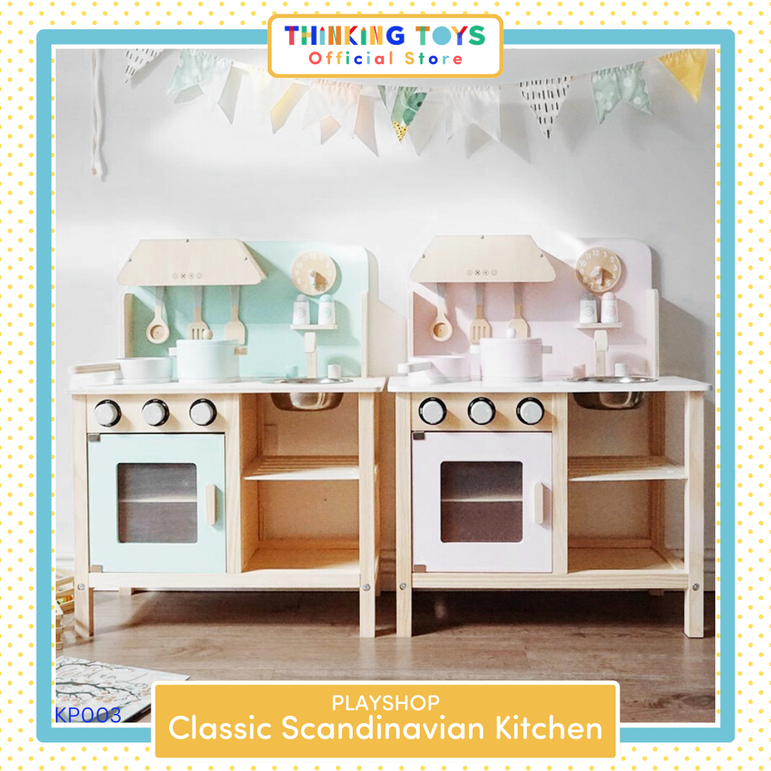 KP003-G, PLAYSHOP Wooden Classic Scandinavian Kitchen Playset (Green), Combines clean design with durable build, offering endless opportunities for imaginative role play.