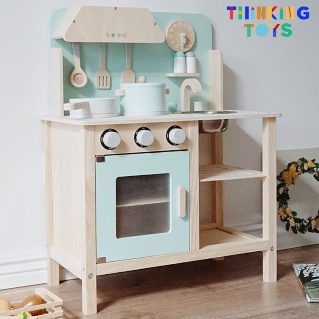 KP003-G, PLAYSHOP Wooden Classic Scandinavian Kitchen Playset (Green), Combines clean design with durable build, offering endless opportunities for imaginative role play.