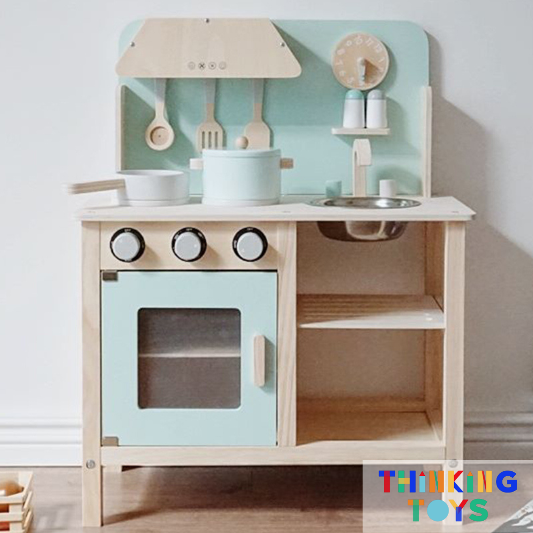 KP003-G, PLAYSHOP Wooden Classic Scandinavian Kitchen Playset (Green), Combines clean design with durable build, offering endless opportunities for imaginative role play.