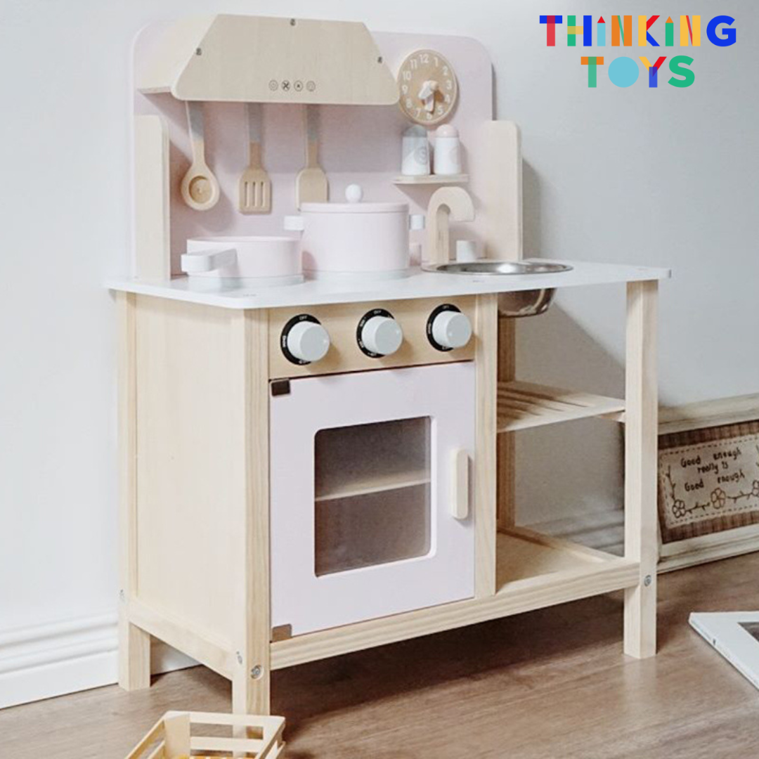 KP003-P, PLAYSHOP Wooden Classic Scandinavian Kitchen Playset (pink), Adds style and fun to pretend cooking while encouraging creativity, teamwork, and role play.