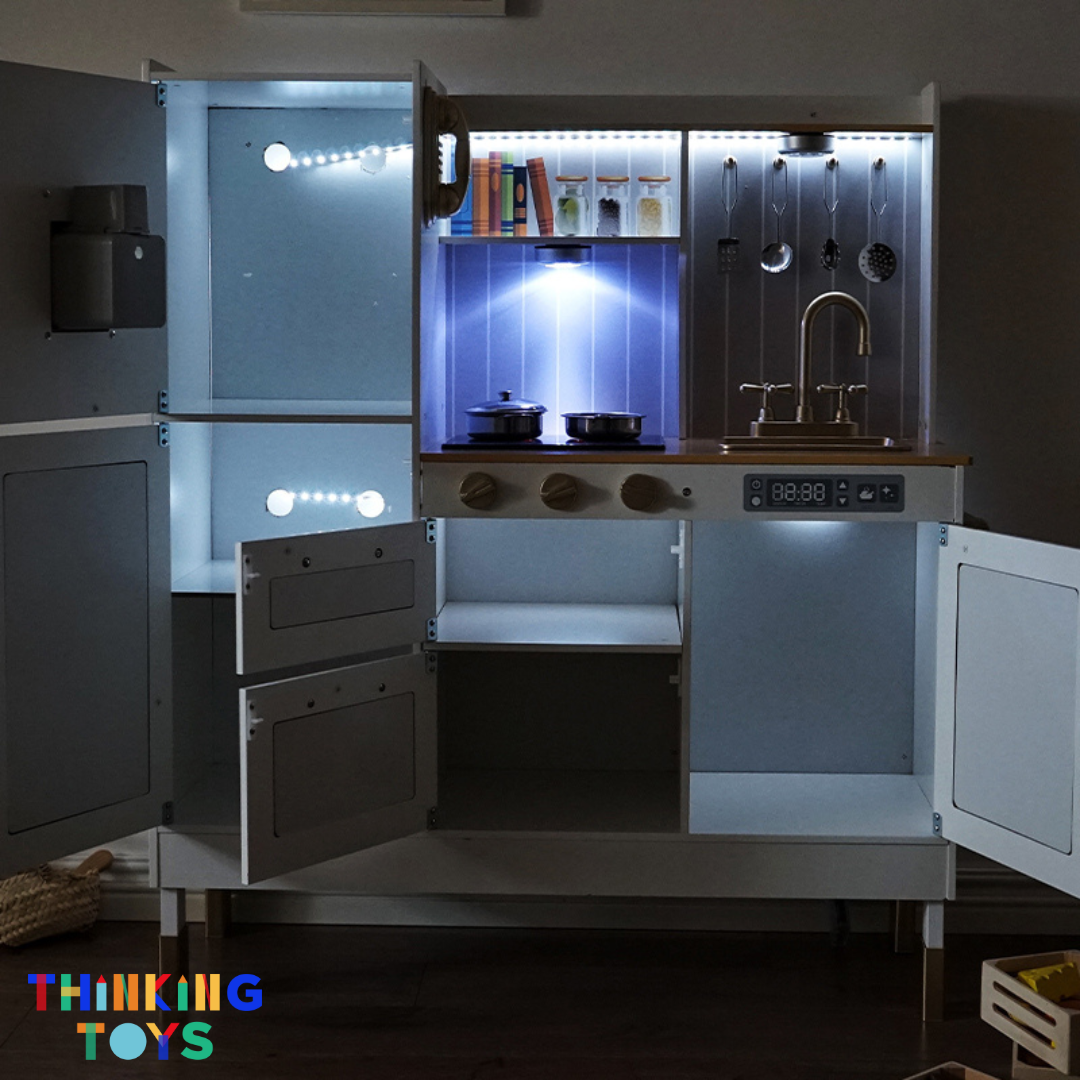 KP007, PLAYSHOP Wooden Country Style Kitchen Playset, Builds creativity and role play skills as kids explore make-believe cooking in a cozy setting.