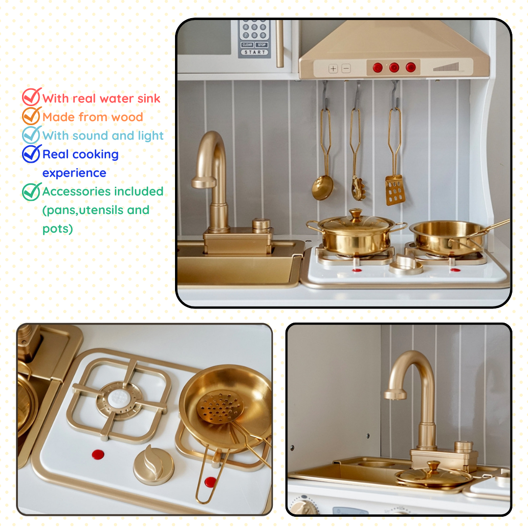 KP008, PLAYSHOP Martha Country Kitchen, The Playshop Martha Country Kitchen brings rustic charm to pretend play. With farmhouse-inspired design, stovetop, oven, and storage shelves, kids can role play as little chefs while developing creativity and social skills. Crafted from durable, child-safe wood, this kitchen playset offers hours of fun and imaginative learning. A great choice for families who want a classic and educational toy.