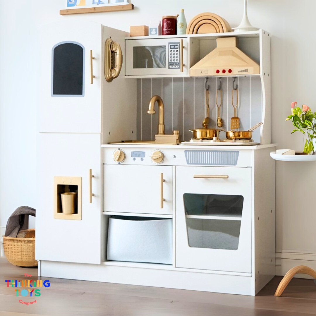 KP008, PLAYSHOP Martha Country Kitchen, The Playshop Martha Country Kitchen brings rustic charm to pretend play. With farmhouse-inspired design, stovetop, oven, and storage shelves, kids can role play as little chefs while developing creativity and social skills. Crafted from durable, child-safe wood, this kitchen playset offers hours of fun and imaginative learning. A great choice for families who want a classic and educational toy.