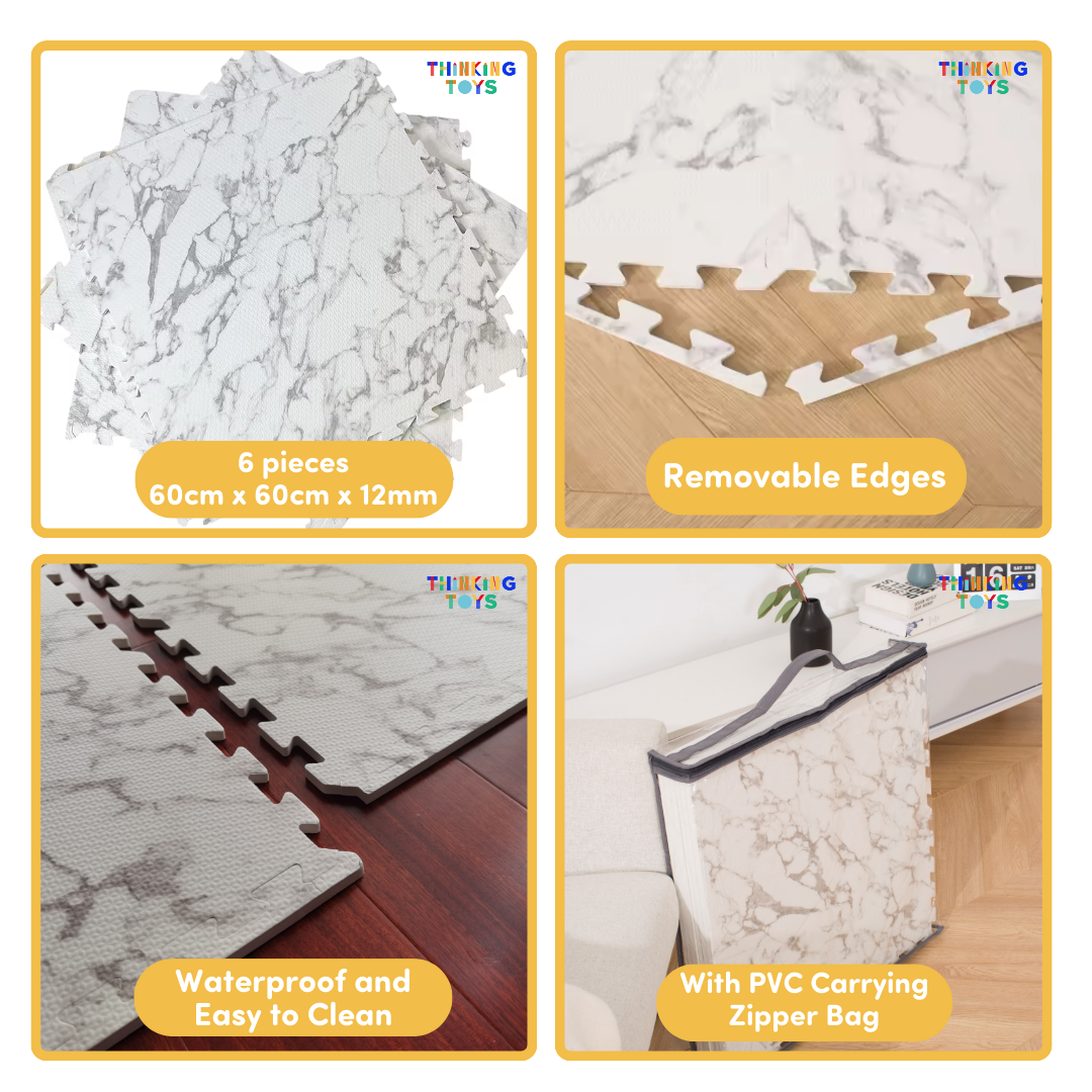 MAT002, Gray-White Marble, Adds cheerful energy to play areas while offering comfort and safe flooring.
