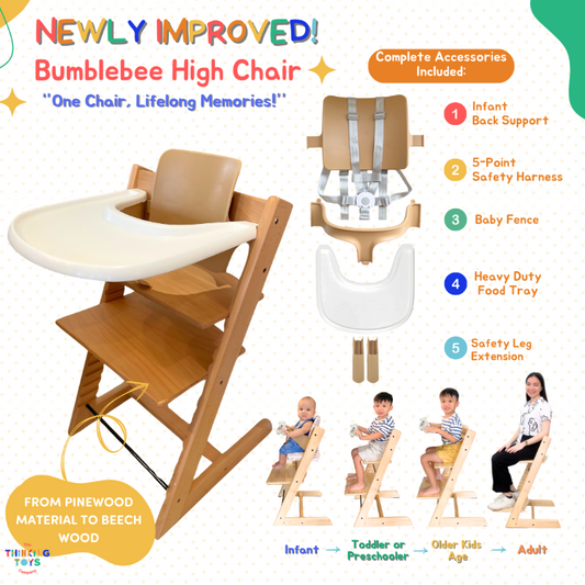 MF004, Bumblebee Wooden High Chair, Grows with your child, offering comfort, security, and style during mealtimes from babyhood to toddler years.