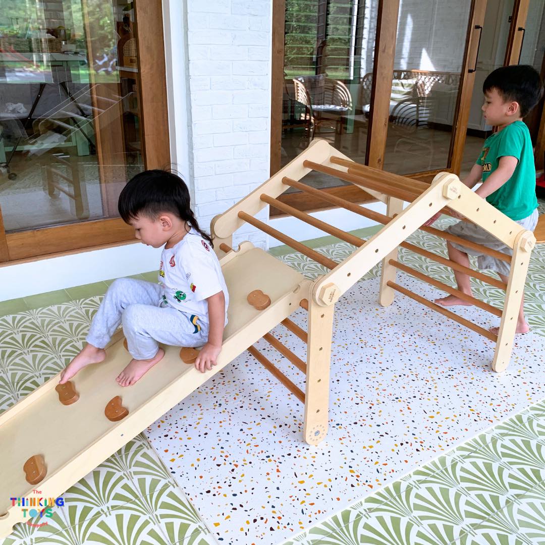 MPG001, HAPPYFEET 8 in 1 Wooden Pickler Triangle Climber, Builds strength, balance, and motor skills through adventurous climbing and sliding activities at home.