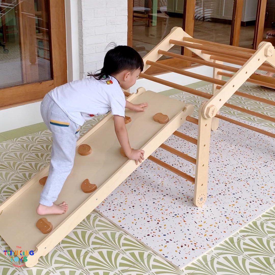 MPG001, HAPPYFEET 8 in 1 Wooden Pickler Triangle Climber, Builds strength, balance, and motor skills through adventurous climbing and sliding activities at home.