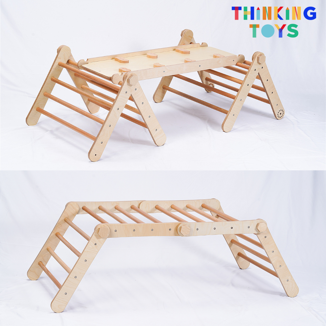 MPG001, HAPPYFEET 8 in 1 Wooden Pickler Triangle Climber, Builds strength, balance, and motor skills through adventurous climbing and sliding activities at home.