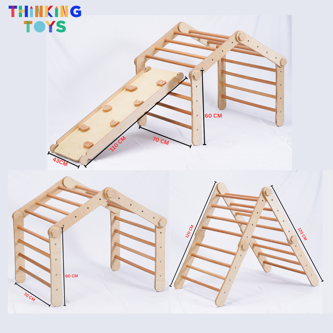 MPG001, HAPPYFEET 8 in 1 Wooden Pickler Triangle Climber, Builds strength, balance, and motor skills through adventurous climbing and sliding activities at home.