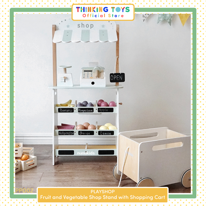 PP002, PLAYSHOP Fruit and Vegetable Shop Stand with Shopping Cart, Sparks pretend marketplace fun that teaches kids teamwork, creativity, and communication.