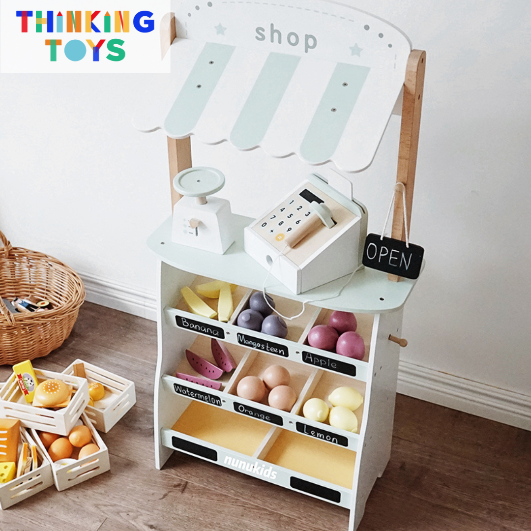 PP002, PLAYSHOP Fruit and Vegetable Shop Stand with Shopping Cart, Sparks pretend marketplace fun that teaches kids teamwork, creativity, and communication.