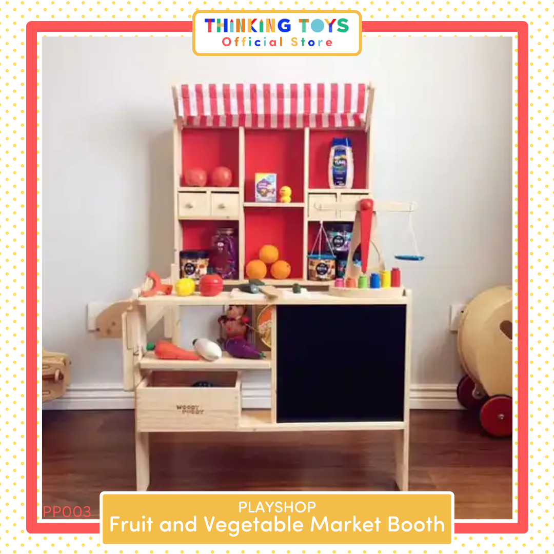 PP003, PLAYSHOP Wooden Fruit and Vegetable Market Booth Playset, Builds storytelling and imaginative play as children role play shopping and selling.