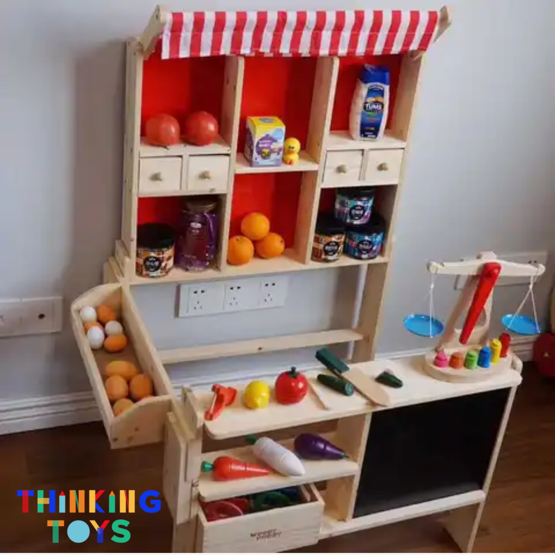PP003, PLAYSHOP Wooden Fruit and Vegetable Market Booth Playset, Builds storytelling and imaginative play as children role play shopping and selling.