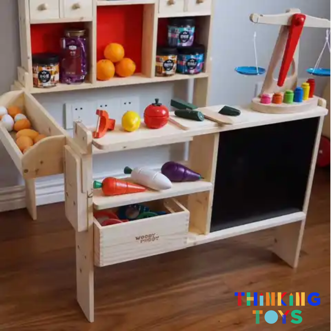 PP003, PLAYSHOP Wooden Fruit and Vegetable Market Booth Playset, Builds storytelling and imaginative play as children role play shopping and selling.