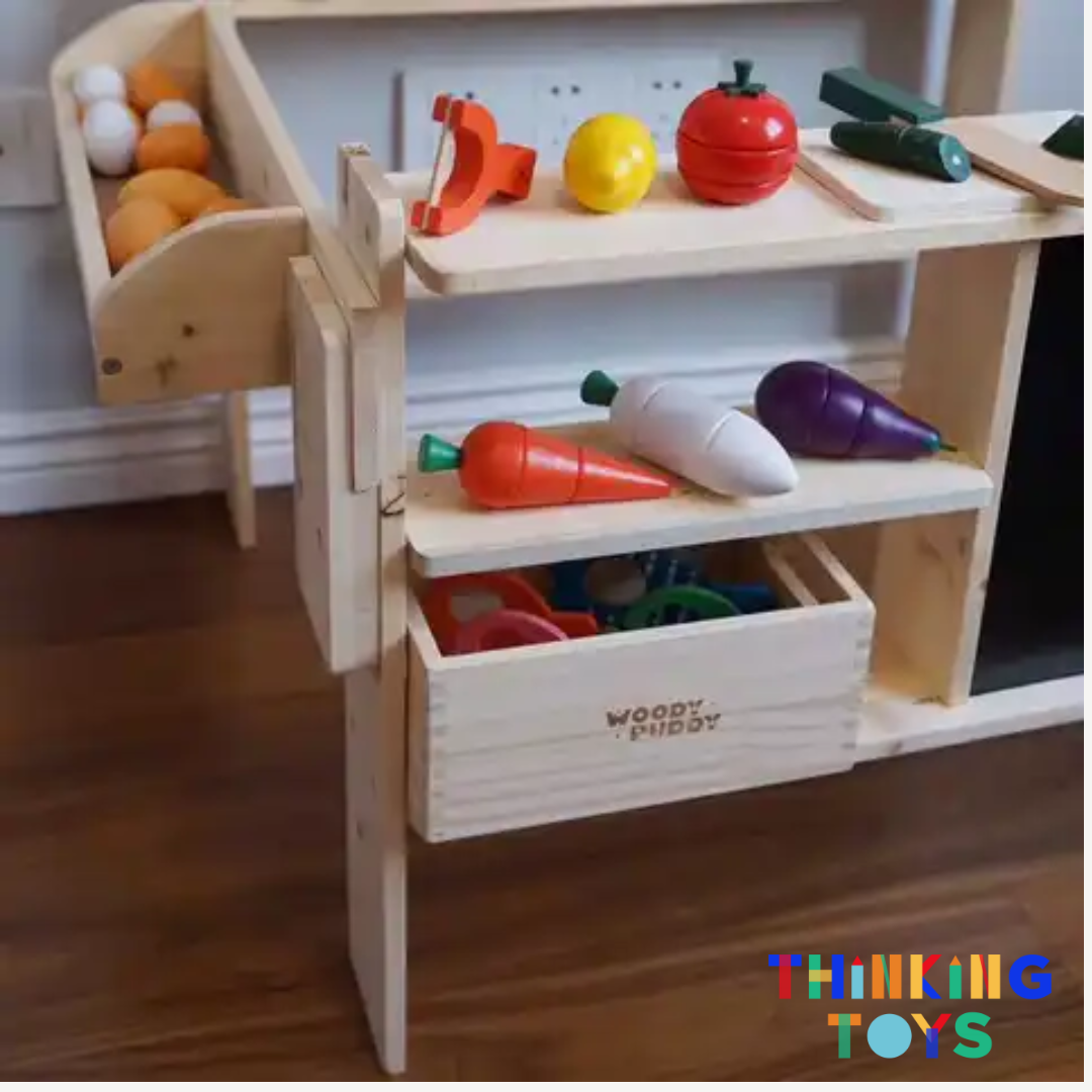 PP003, PLAYSHOP Wooden Fruit and Vegetable Market Booth Playset, Builds storytelling and imaginative play as children role play shopping and selling.