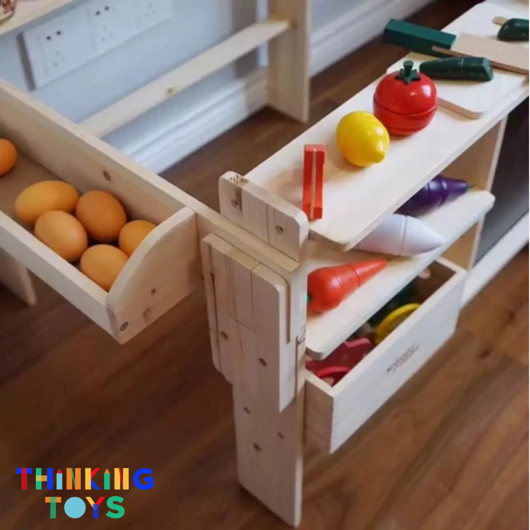 PP003, PLAYSHOP Wooden Fruit and Vegetable Market Booth Playset, Builds storytelling and imaginative play as children role play shopping and selling.