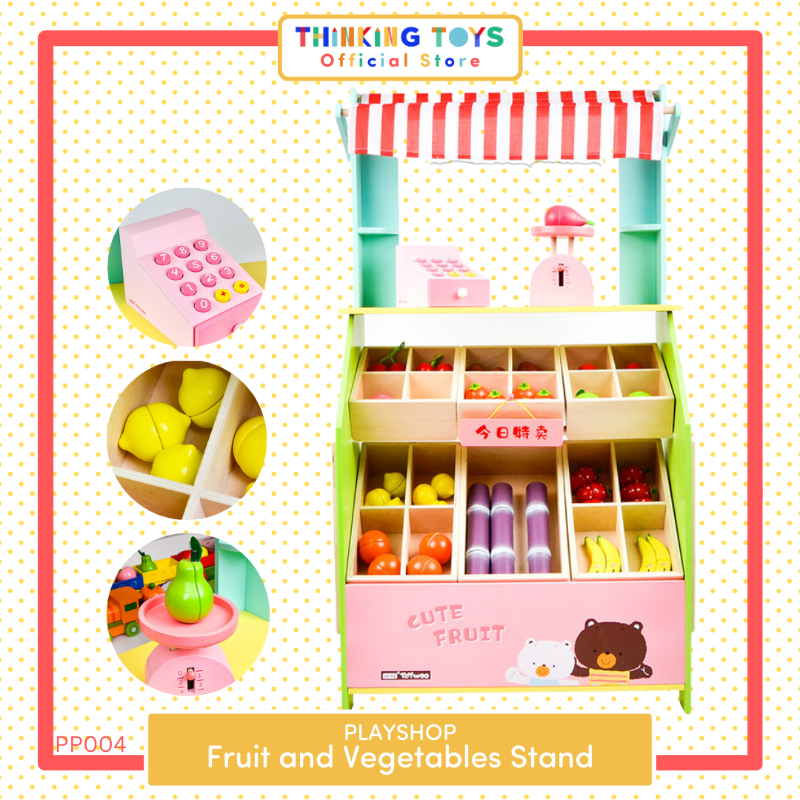 PP004, PLAYSHOP Wooden Fruit and Vegetables Stand Playset, Inspires interactive pretend play that helps children explore social skills and creativity.