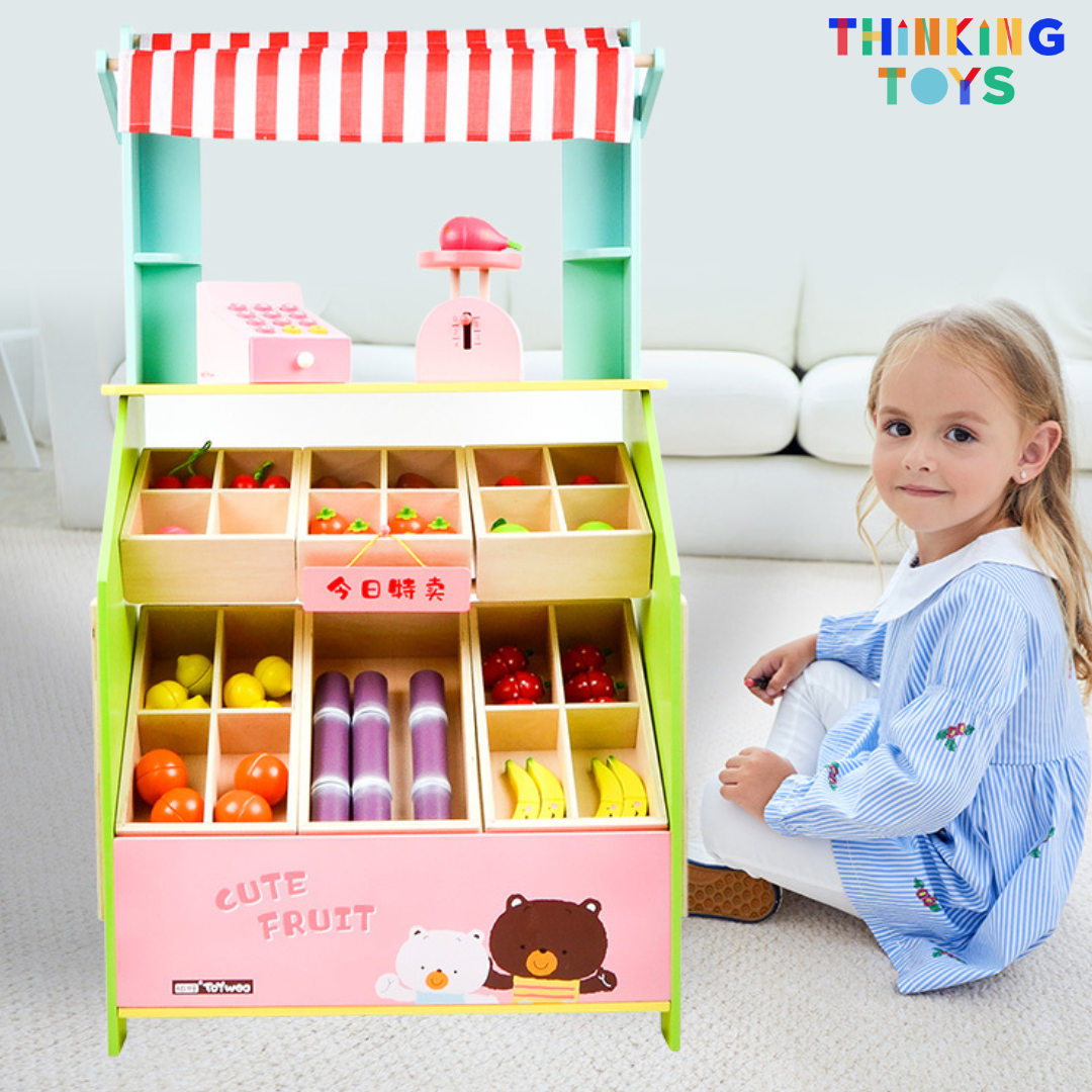 PP004, PLAYSHOP Wooden Fruit and Vegetables Stand Playset, Inspires interactive pretend play that helps children explore social skills and creativity.