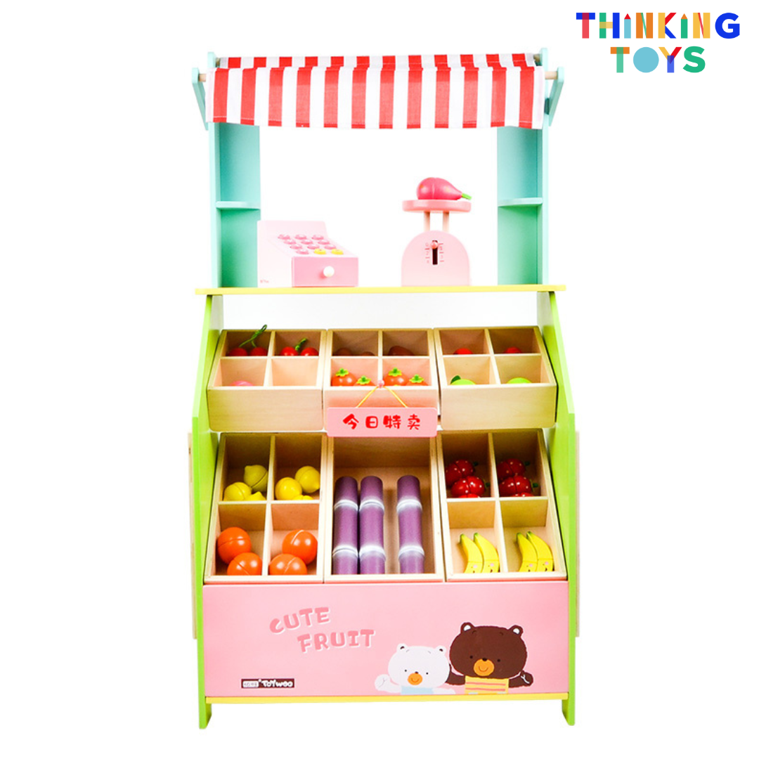 PP004, PLAYSHOP Wooden Fruit and Vegetables Stand Playset, Inspires interactive pretend play that helps children explore social skills and creativity.