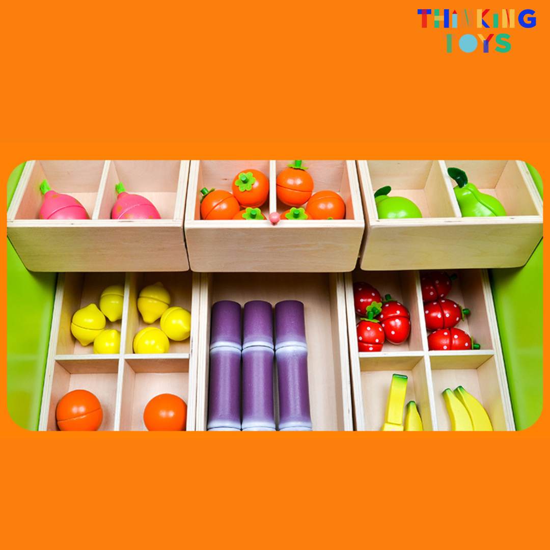 PP004, PLAYSHOP Wooden Fruit and Vegetables Stand Playset, Inspires interactive pretend play that helps children explore social skills and creativity.