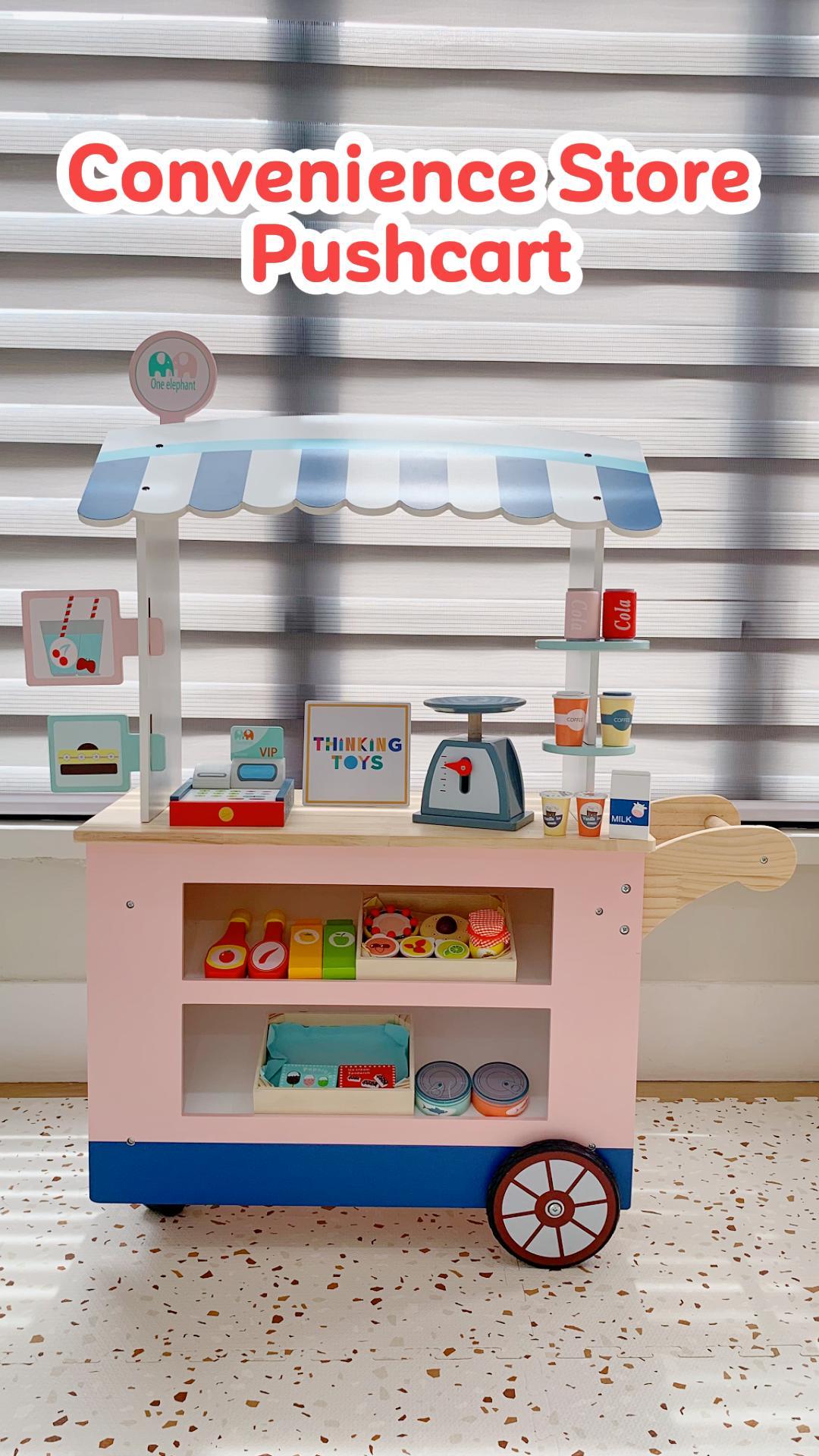 PP005, PLAYSHOP Wooden Convenience Store Pushcart Playset, Fosters fun dessert role play where kids learn sharing, imagination, and social play.