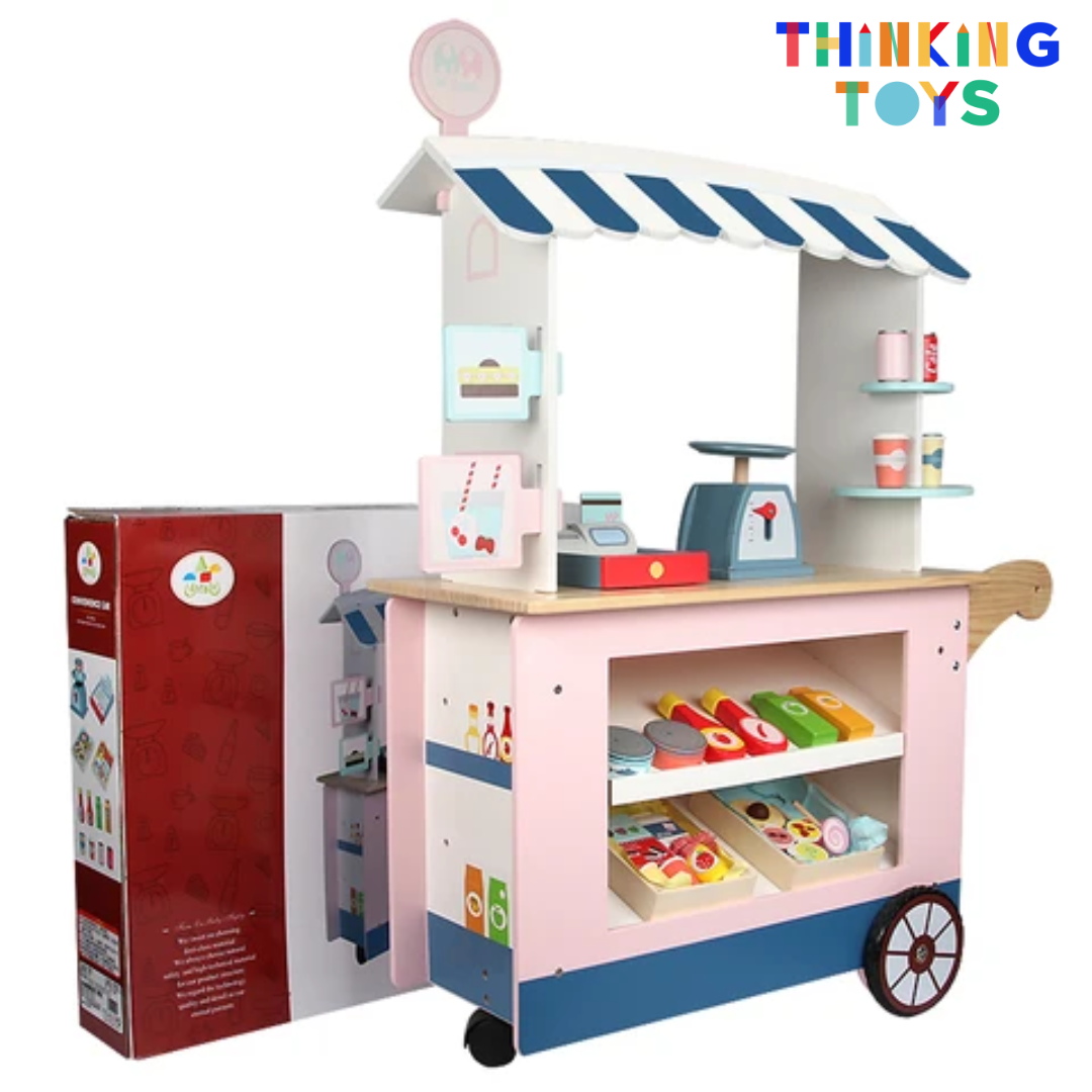 PP005, PLAYSHOP Wooden Convenience Store Pushcart Playset, Fosters fun dessert role play where kids learn sharing, imagination, and social play.