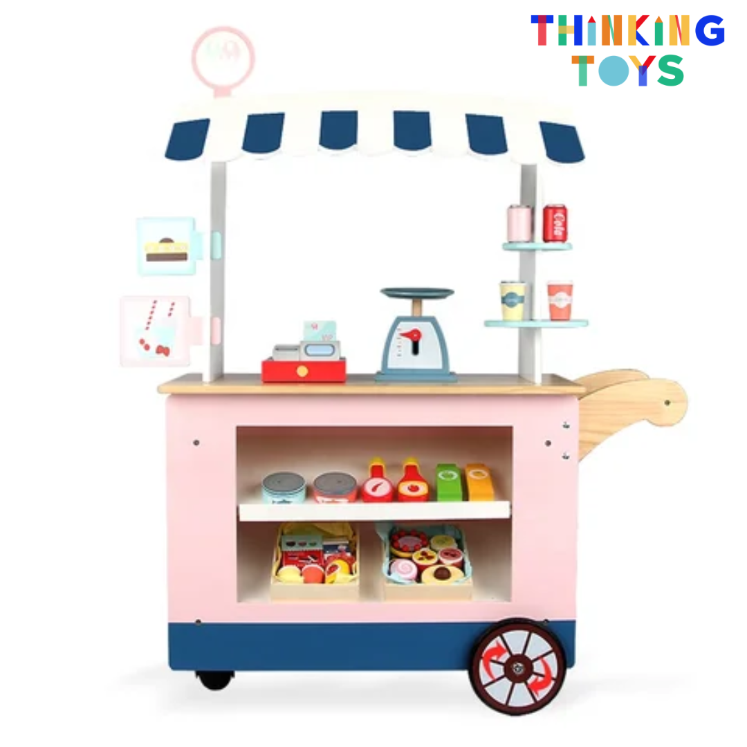 PP005, PLAYSHOP Wooden Convenience Store Pushcart Playset, Fosters fun dessert role play where kids learn sharing, imagination, and social play.