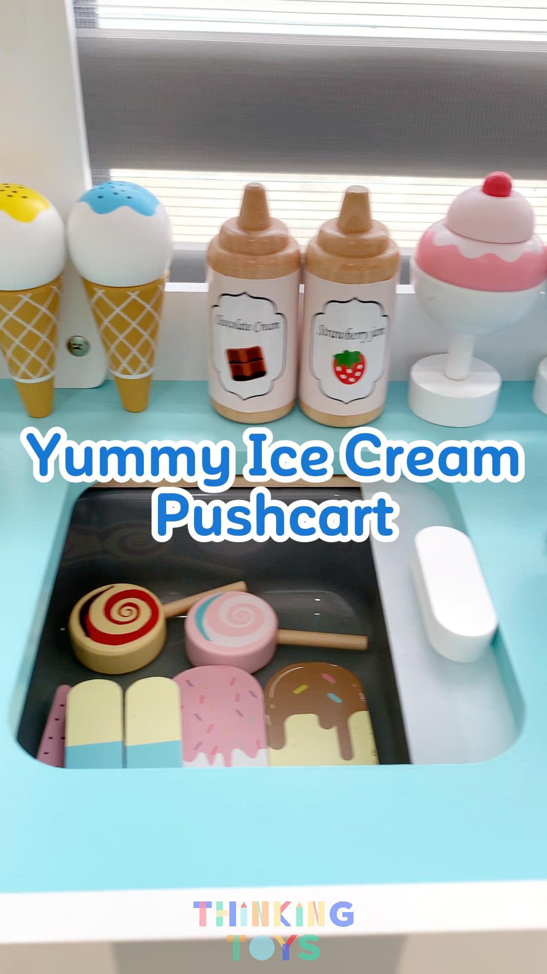 PP006, PLAYSHOP Wooden Yummy Ice Cream Pushcart Playset, Supports creativity and social interaction as kids pretend to grill and serve meals.