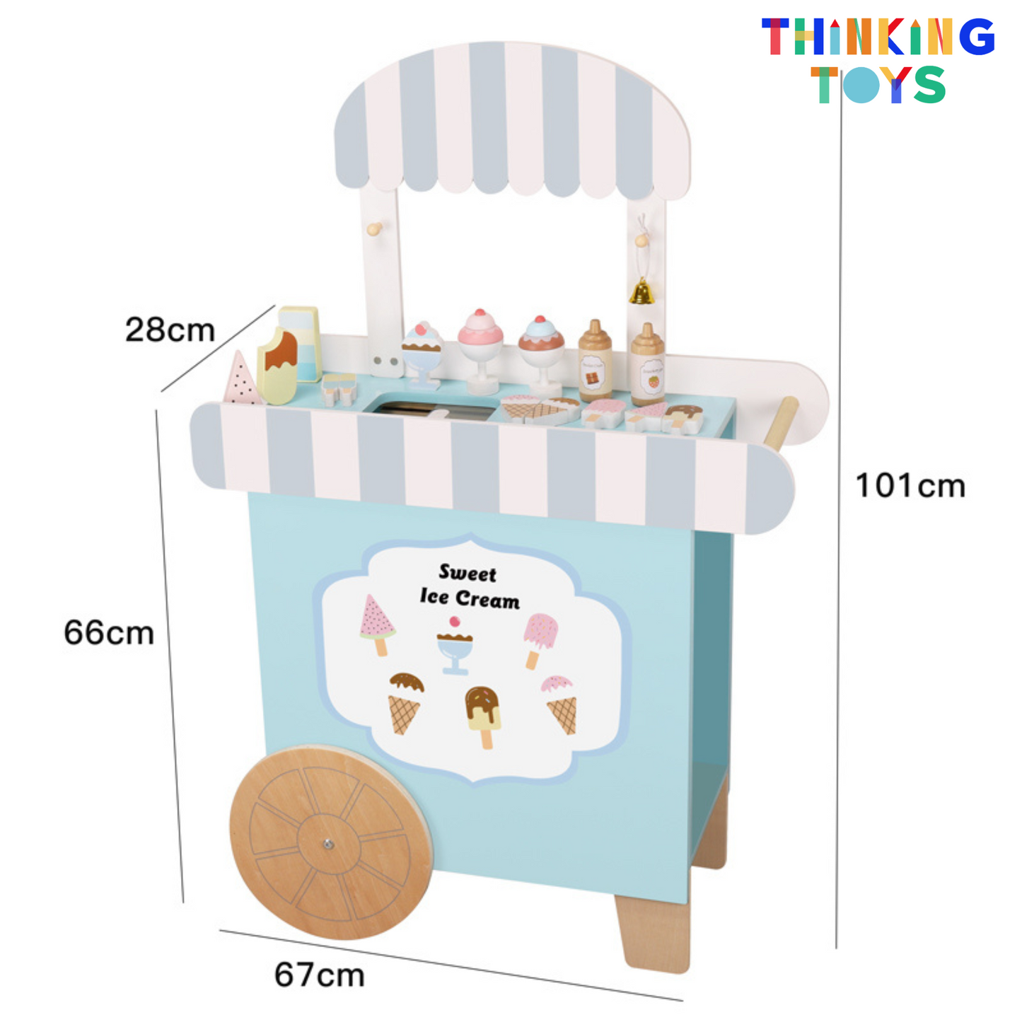 PP006, PLAYSHOP Wooden Yummy Ice Cream Pushcart Playset, Supports creativity and social interaction as kids pretend to grill and serve meals.