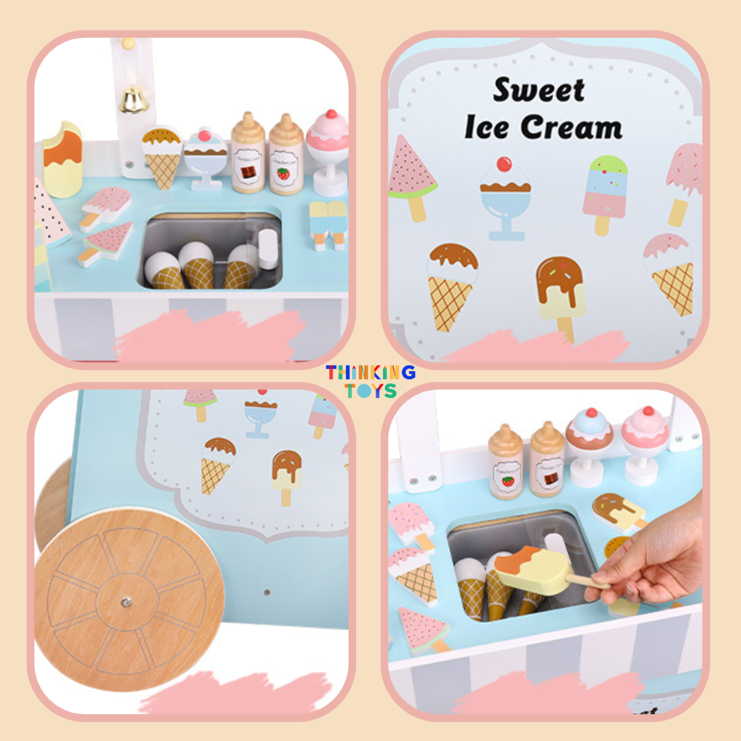 PP006, PLAYSHOP Wooden Yummy Ice Cream Pushcart Playset, Supports creativity and social interaction as kids pretend to grill and serve meals.