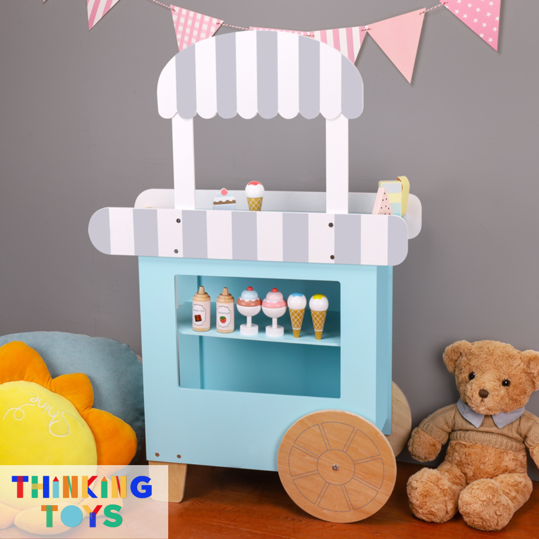 PP006, PLAYSHOP Wooden Yummy Ice Cream Pushcart Playset, Supports creativity and social interaction as kids pretend to grill and serve meals.