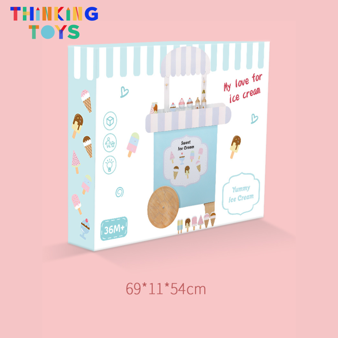 PP006, PLAYSHOP Wooden Yummy Ice Cream Pushcart Playset, Supports creativity and social interaction as kids pretend to grill and serve meals.
