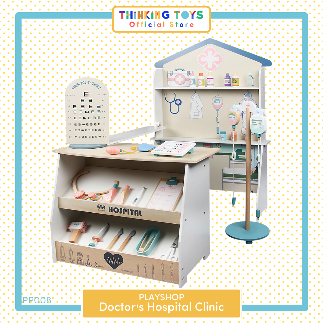 PP008, PLAYSHOP Wooden Doctor's Hospital Clinic Playset, Teaches responsibility and independence while making tidying fun through playful role play.
