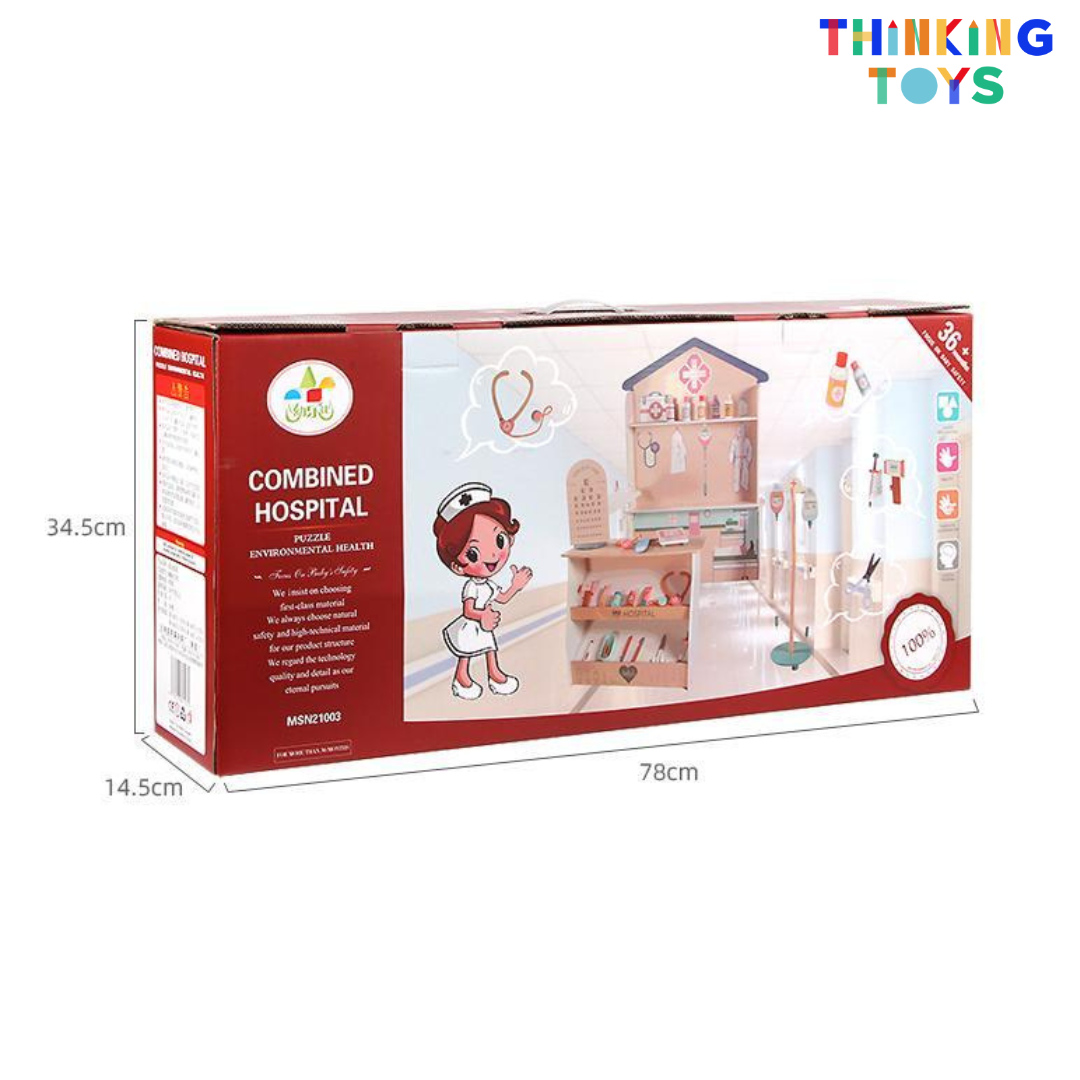 PP008, PLAYSHOP Wooden Doctor's Hospital Clinic Playset, Teaches responsibility and independence while making tidying fun through playful role play.