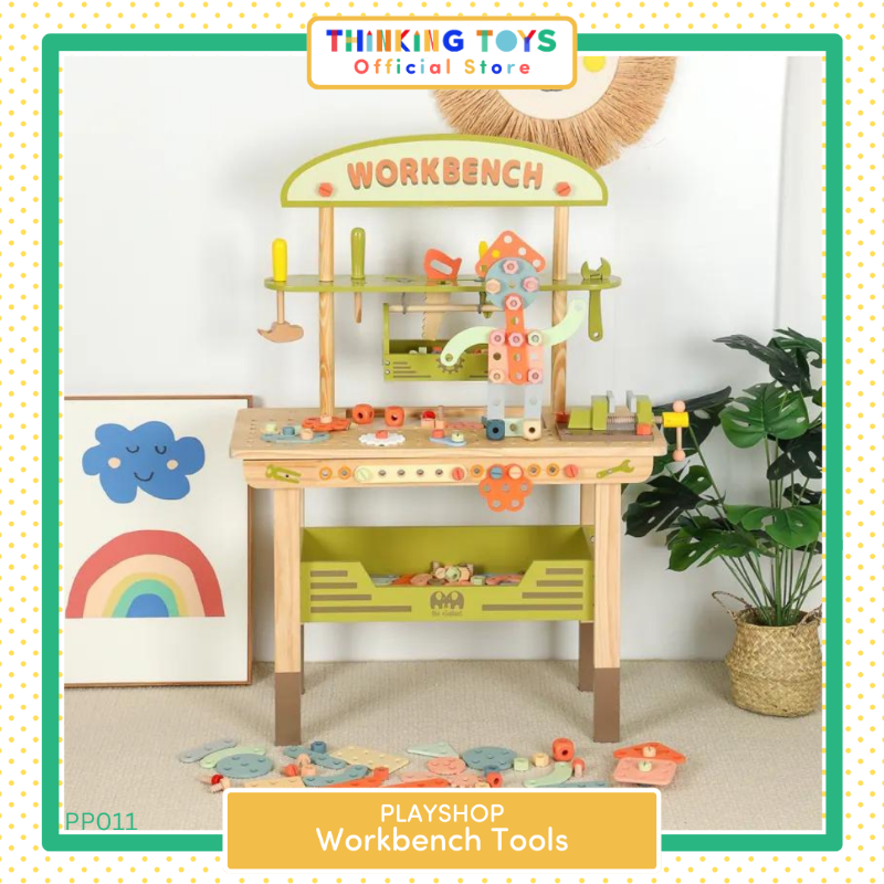 "PP011
, PLAYSHOP Wooden Workbench Tools Playset, Fosters imaginative cooking role play that helps children explore teamwork and storytelling."
