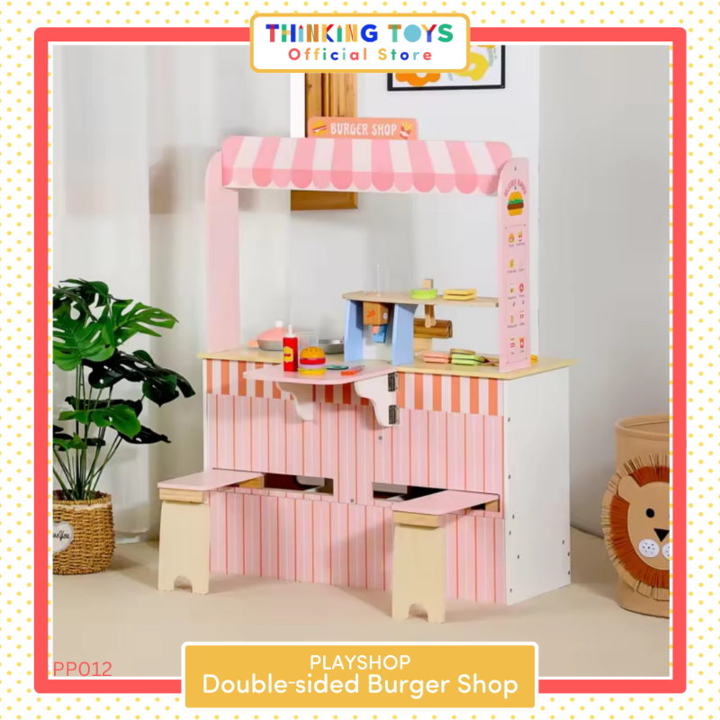 PP012, PLAYSHOP Wooden Double-sided Burger Shop Playset, Creates interactive fun where kids role play shopping, selling, and sharing with friends.