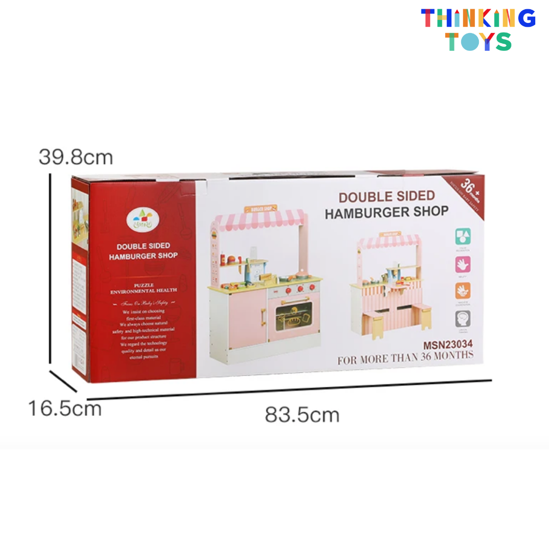 PP012, PLAYSHOP Wooden Double-sided Burger Shop Playset, Creates interactive fun where kids role play shopping, selling, and sharing with friends.