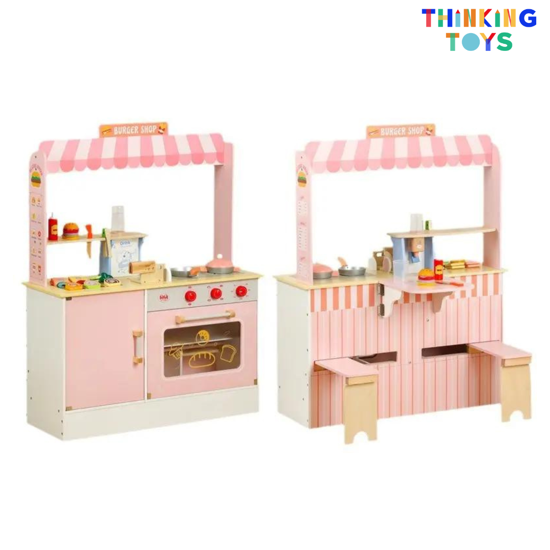 PP012, PLAYSHOP Wooden Double-sided Burger Shop Playset, Creates interactive fun where kids role play shopping, selling, and sharing with friends.