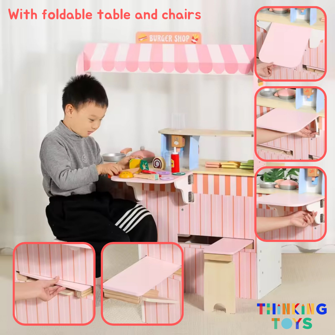 PP012, PLAYSHOP Wooden Double-sided Burger Shop Playset, Creates interactive fun where kids role play shopping, selling, and sharing with friends.