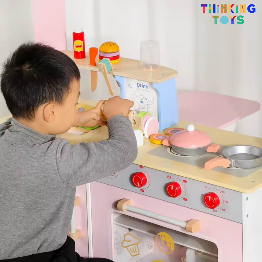 PP012, PLAYSHOP Wooden Double-sided Burger Shop Playset, Creates interactive fun where kids role play shopping, selling, and sharing with friends.